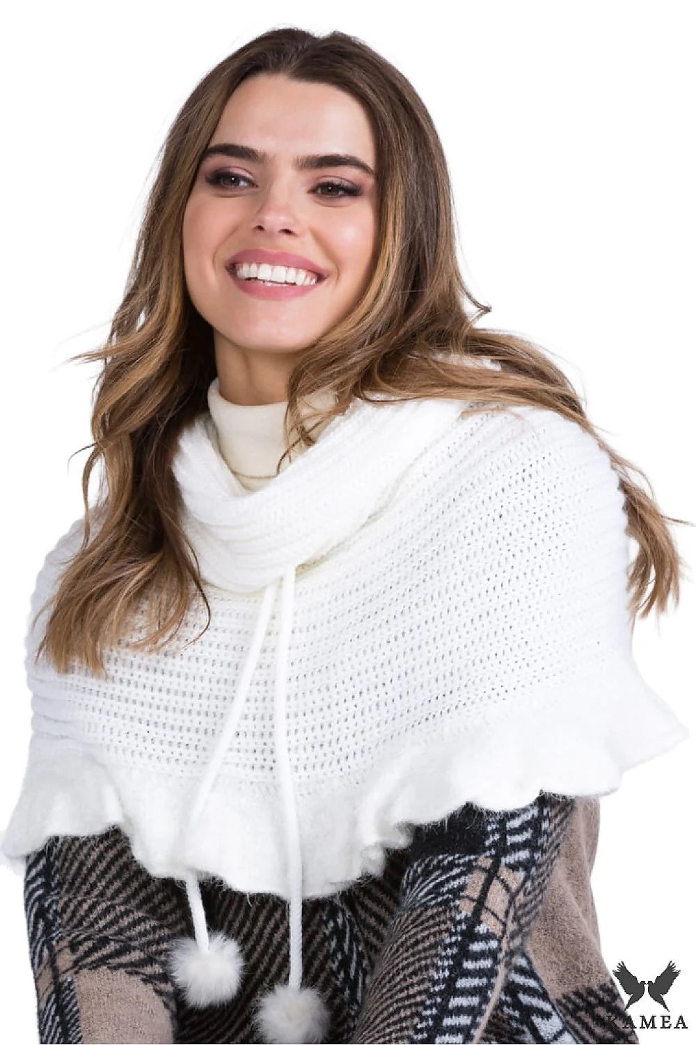 Poncho pour femme en laine et acrylique, design élégant et confortable, automne-hiver, motif ajouré, couleur blanche, ajustable