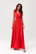 Robe de cocktail longue col V croisé sans manches taille ajustée fleur décorative rouge vif femme soirée gala