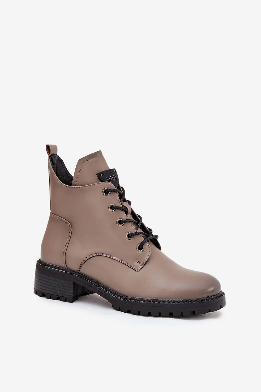 bottines Vinceza similicuir taupe lacets œillets métalliques languette siglée fermeture éclair intérieure semelle crantée talon bloc bas confortable