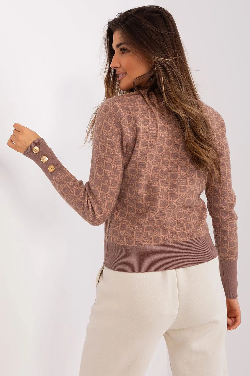 Pull pour femme en coton monogrammé longues manches encolure ronde ajusté doré occasions multiples