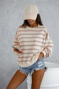 Sweatshirt rayé femme en coton doux ample col rond manches longues style décontracté beige rose