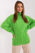 Pull en maille torsadé pour femmes col montant couleur verte vif manches longues coupe ample automne hiver vêtement confortable élégant