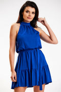 Robe de jour élégante sans manches col drapé bleu électrique ceinture assortie robe A-line coupe cintrée femmes