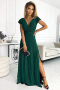 Robe de soirée élégante longue vert émeraude paillettes encolure V fente haute manches courtes tissu élasthanne polyester femme