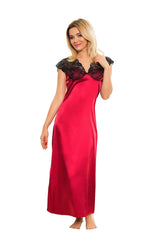 Nuisette longue en satin rouge dentelle noire élégante pour une soirée romantique femme séduisante