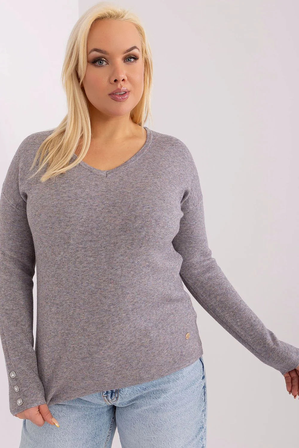 Pull pour femmes élégant manches longues encolure en V gris chiné matière douce ajusté occasion décontractée