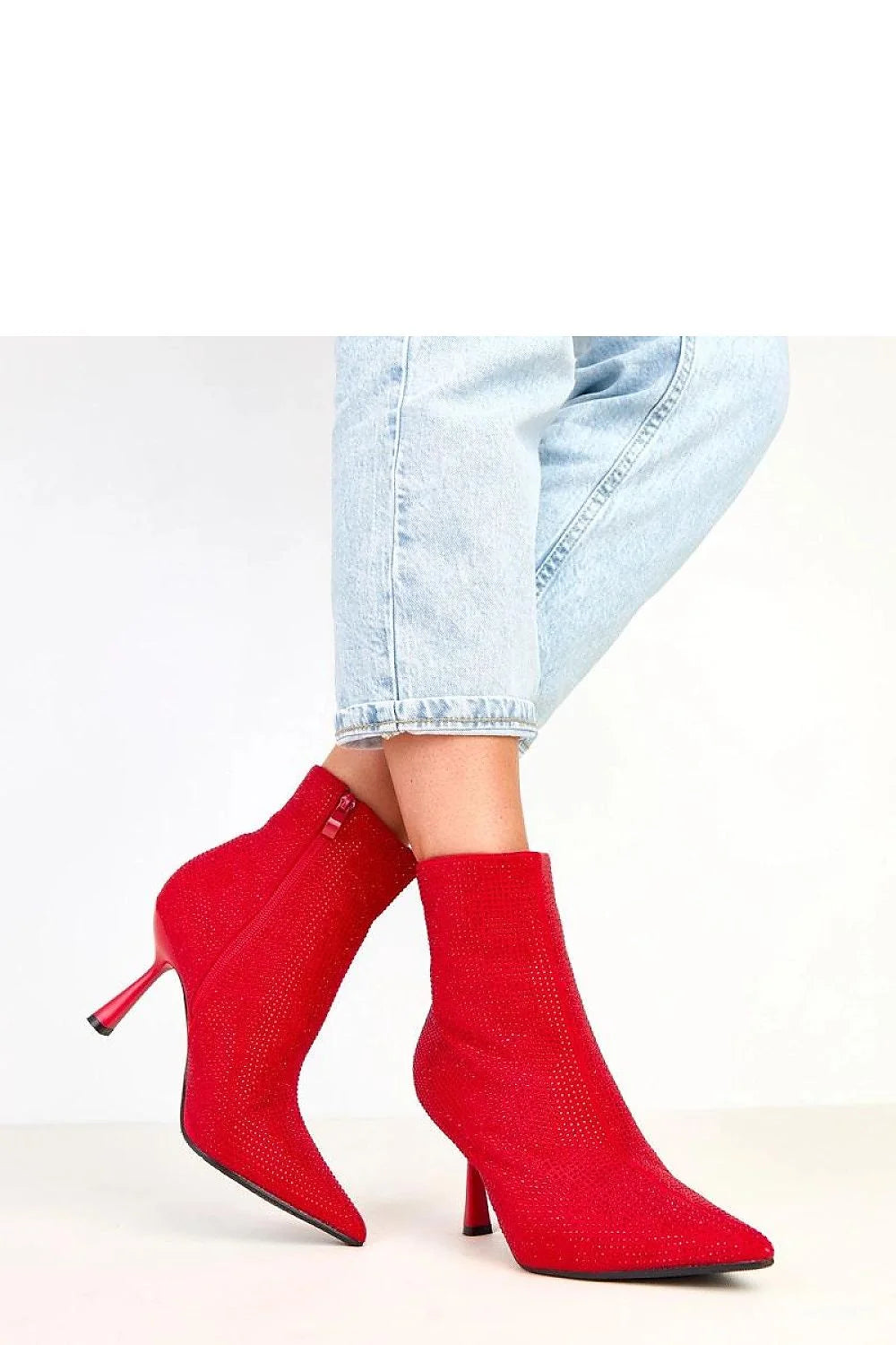 bottines femme rouges cuir suédé écologique microstrass zircons scintillants bout pointu talon aiguille tige haute cheville zippée confortable soirée