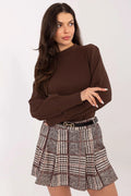 chemisier femme élégant décontracté côtelé marron chocolat col montant manches longues poignets larges effet bouffant coupe ajustée coton élasthanne extensible