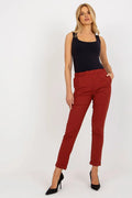pantalon femme Lakerta cigarette taille haute brique terracotta coupe slim cheville retroussée stretch confortable élasthanne coton polyester laine poches glissières