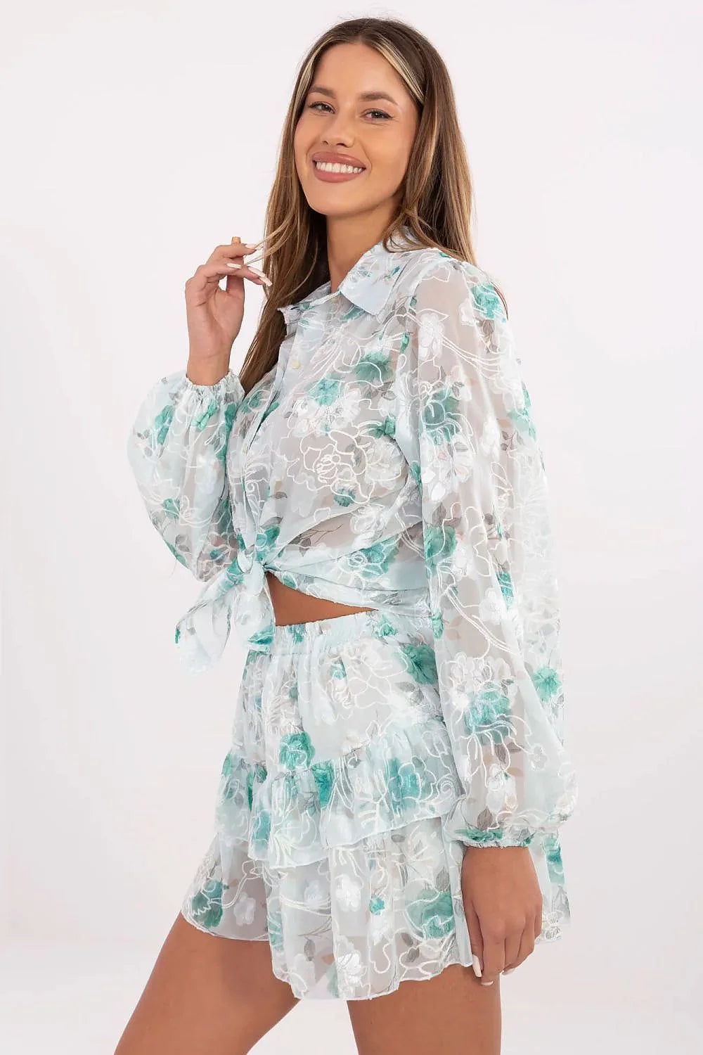 Ensemble Lakerta élégant romantique femme motifs floraux coton polyester elastane manches longues jupe courte volants frais confortable
