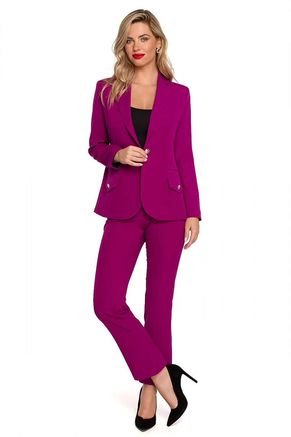 Blazer femme élégant couleur fuchsia vif coupe ajustée épaulettes discrètes col à revers cranté boutons dorés polyester 95% elasthanne 5% Makover