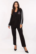 ensemble blazer pantalon femme noir sportchic jersey doux boutonunique revers écusson varsity rougeblanc bandes contrastantes manches côtelées poches taillehaute