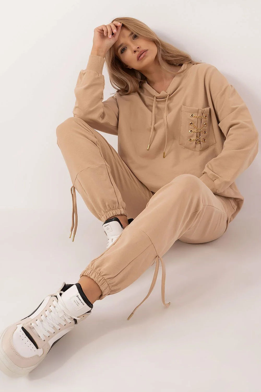Ensemble de survêtement pour femme élégant en coton beige sweat à capuche pantalon de jogging高 taille haute coupe relaxée