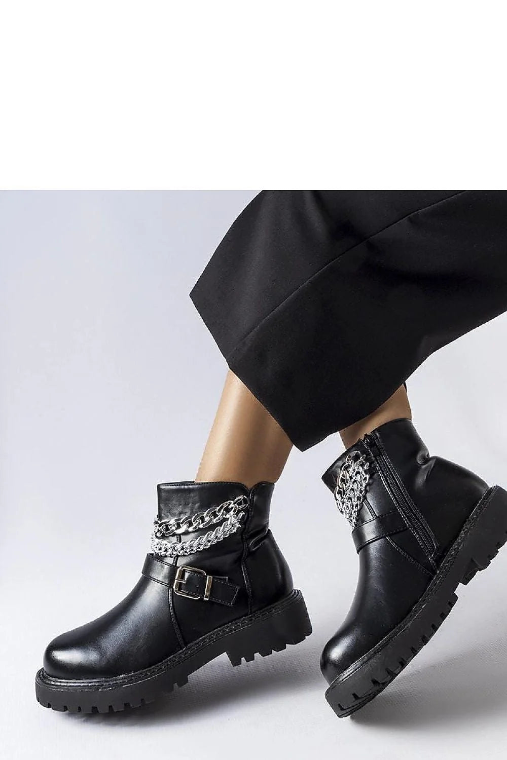 Bottines femmes style audacieux cuir noir chaînes métalliques boucle dorée fermeture éclair semelle épaisse