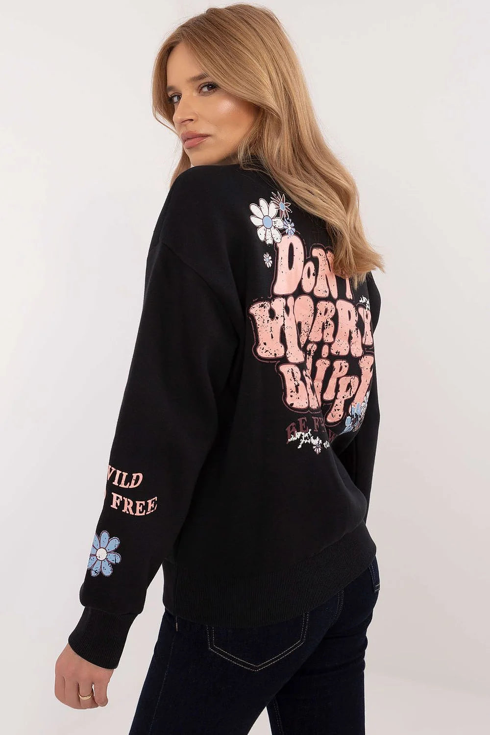 Sweatshirt femme manches longues couleur noire style hippie graphique tendance