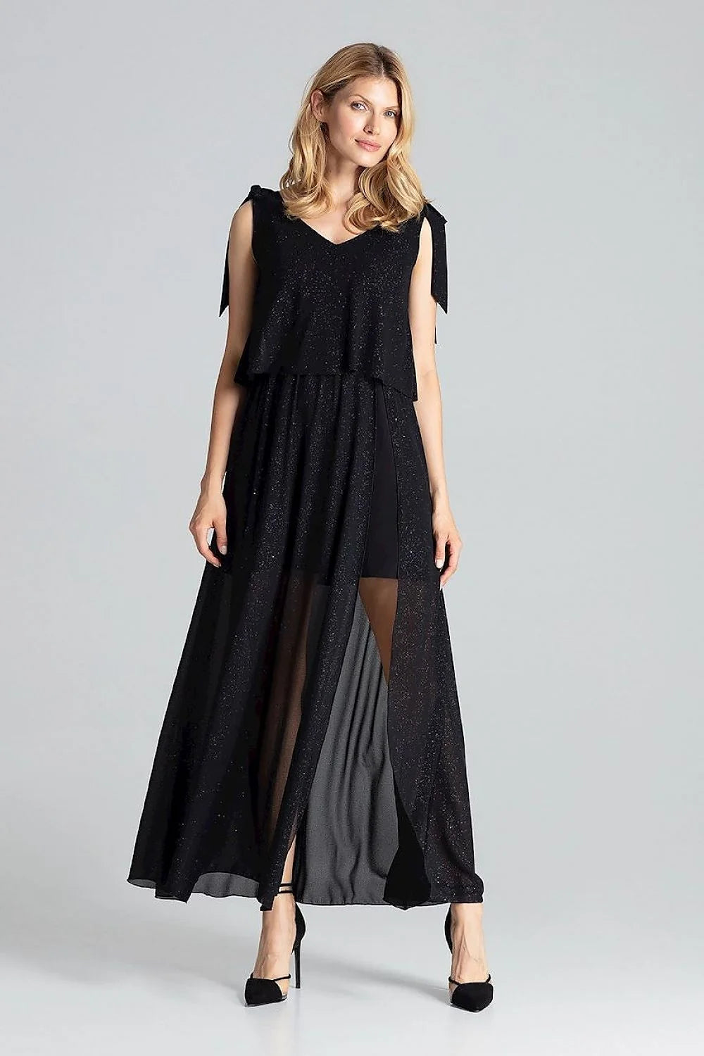 robe soirée longue rouge vif élégante cocktail polyester stretch col V profond sans manches taille élastiquée fente latérale