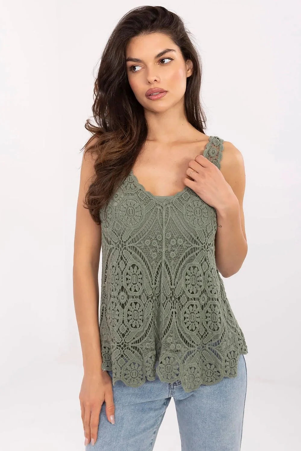 Chemisier Italy Moda boho style cotton lace V-neck wide straps subtle olive green summer casual-chic elegant women's top
