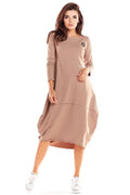Robe midi coton beige ample moderne confortable manches longues pour femme style décontracté quotidien