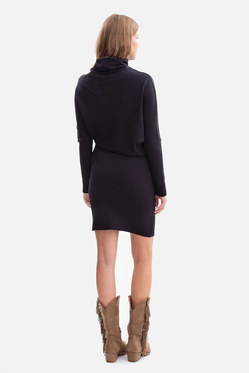 robe pull côtelée noire maille stretch grammage élevé coton élasthanne col cheminée rembourré oversize blousant jupe crayon ajustée