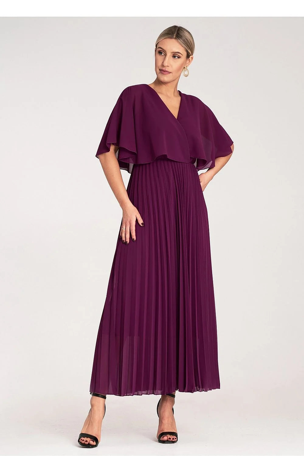 Robe de cocktail élégante longue manches amples col V prune tailles S/M polyester 100% viscose doublure femme