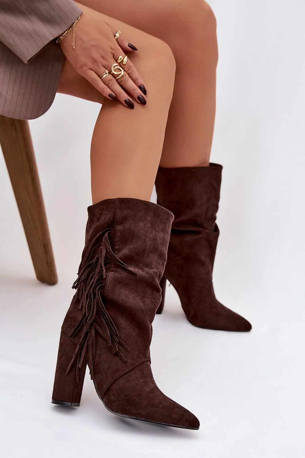 bottes mi mollet femme suédine marron talon colonne haut bout pointu effilé tige froncée franges western doublure fourrure chaude