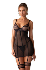 Nuisette sexy Obsessive en tulle transparent noir ajustables dos nu motif pois corset vertical gants intégrés taille ajustable femme
