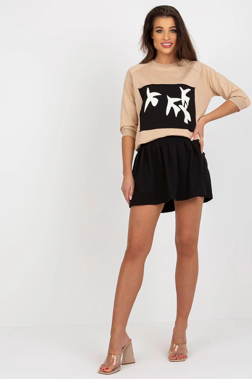 ensemble fancy chemisier manches raglan jersey coton elasthanne graphique noir beige oiseaux stylisé jupe évasée taille haute plis volumineux chic