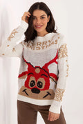 pull femme noël jacquard tricotée blanc cassé col rond manches longues coupe droite motif renne rouge doré flocons cosy