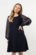 Robe de soirée élégante longue manches transparentes tissu brillant couleur noire taille ajustable femme