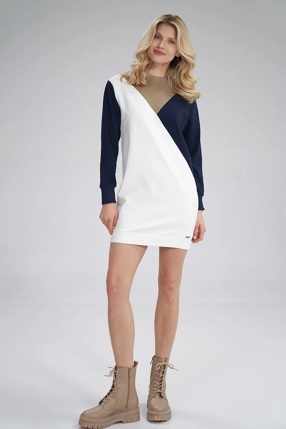 robe jour moderne tricolore coton élasthanne manches longues asymétrique coupe droite mini colorblock blanc marine beige molleton côtelés confortable ajustée