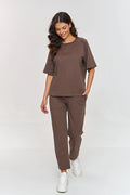 ensemble Makadamia marron femme minimaliste confortable coton jersey molleton coupe ample pantalon haut manches courtes col rond poches cargo