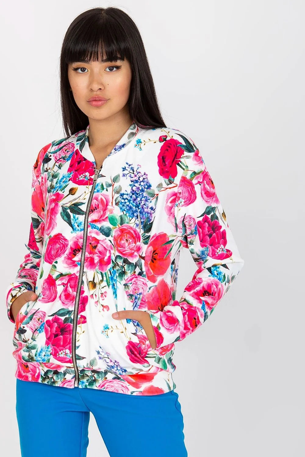 Veste bomber femme motif floral multicolore matière douce coupe épurée fermeture éclair élasthanne viscosé