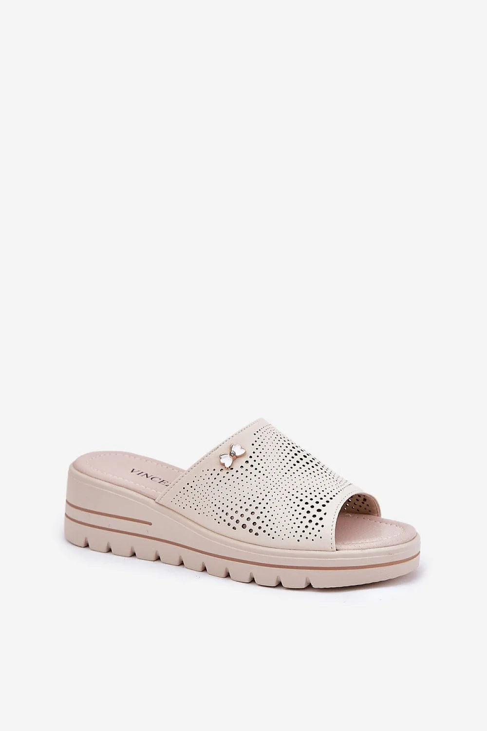Sandales femmes style moderne ouvertesorteils cuir naturel beige perforations géométriques décoration strass talon 5.5cm confortable occasion quotidienne