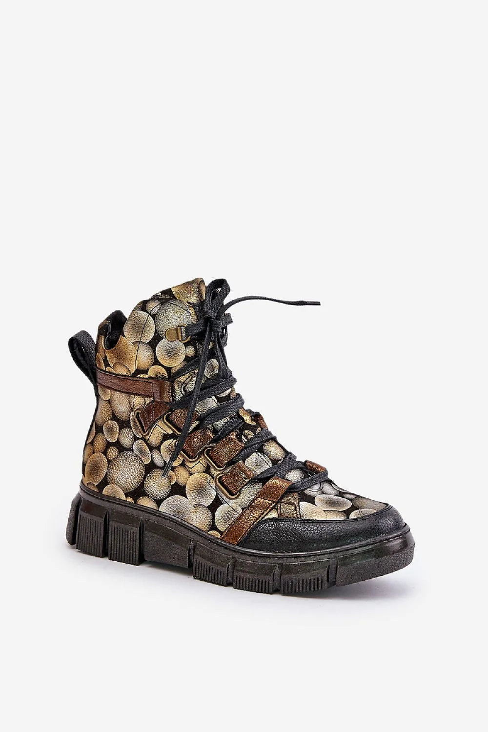 Bottes montantes pour femmes style Step in élégance cuir naturel doré marron noir talon plat plateforme lacing métallique