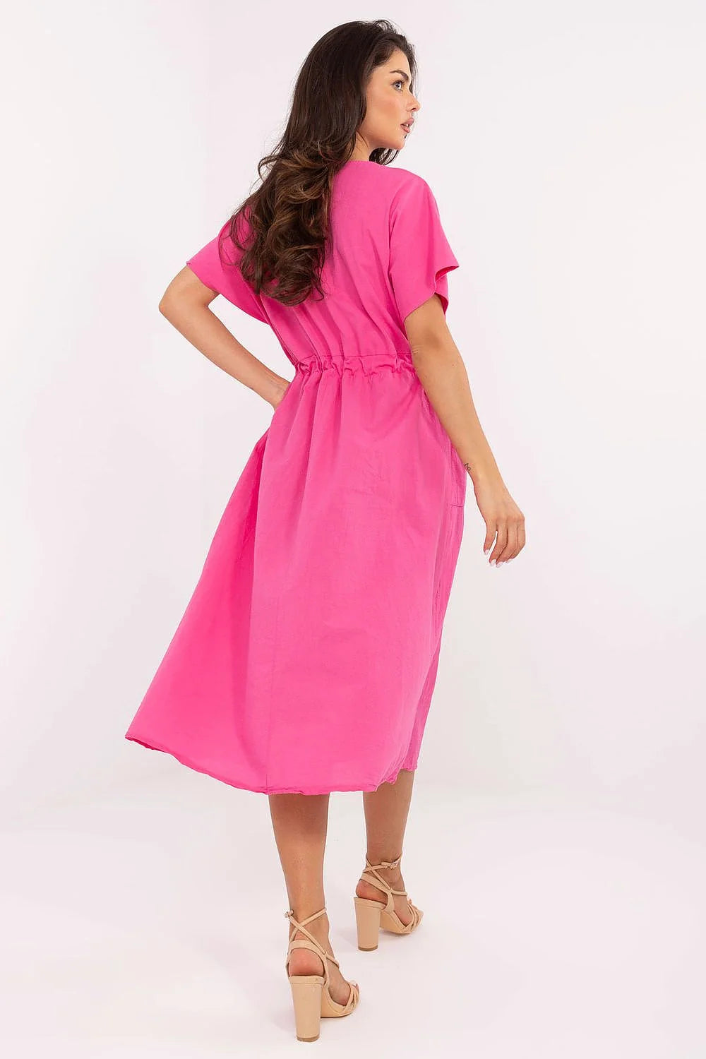 Robe d'été légère Och Bella rose vif manches courtes encolure ronde ceinture ajustable poches pratiques