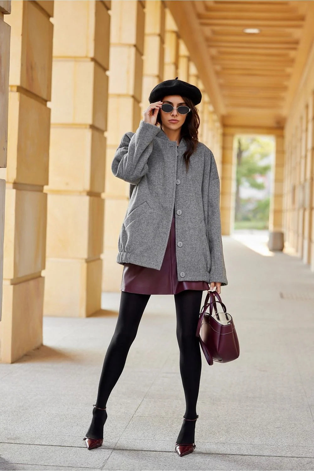 veste Roco Fashion femme oversize laine chiné gris col montant gros boutons manches larges poches latérales doublée coupe ample confortable