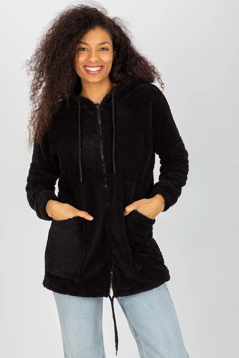 Sweatshirt pour femme en polaire sherpa noir à capuche et fermeture éclair, style casual, confort optimal, taille ajustable, Sweatshirt Rue Paris