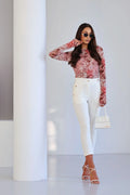 pantalon femme taille haute ajusté slim blanc coton élasthanne stretch cheville coupe fuselée boutons dorés poches latérales élégant sophistiqué confortable