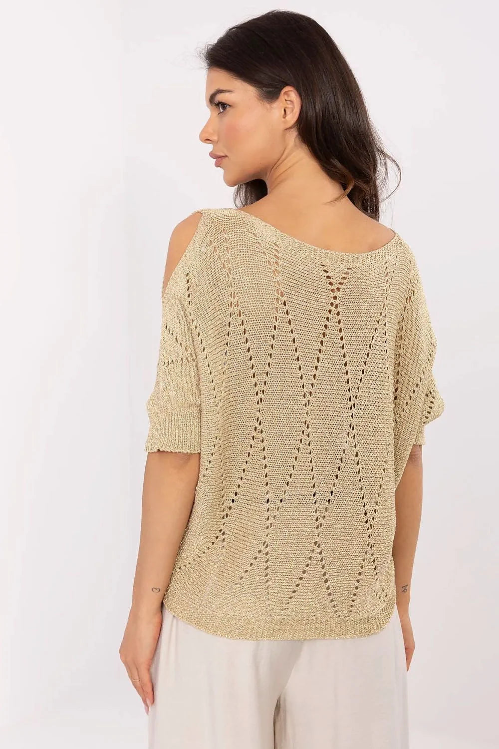 Pull ajouré en viscose femme élégant style moderne coupe asymétrique manches 3/4 motif chevrons beige doré