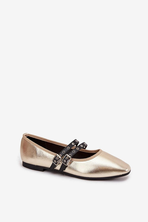 ballerines plates femme dorées simili cuir bout pointu semelle noire double brides réglables boucles métal Mary Jane chic