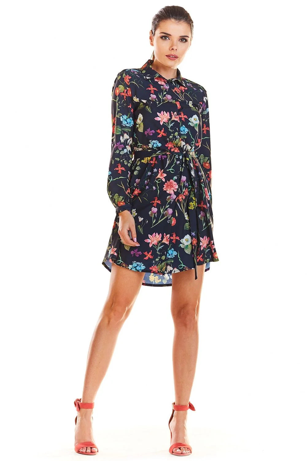 Robe imprimé floral polyester romantique élégante manches longues ceinture asymétrique parfaite journée femme style