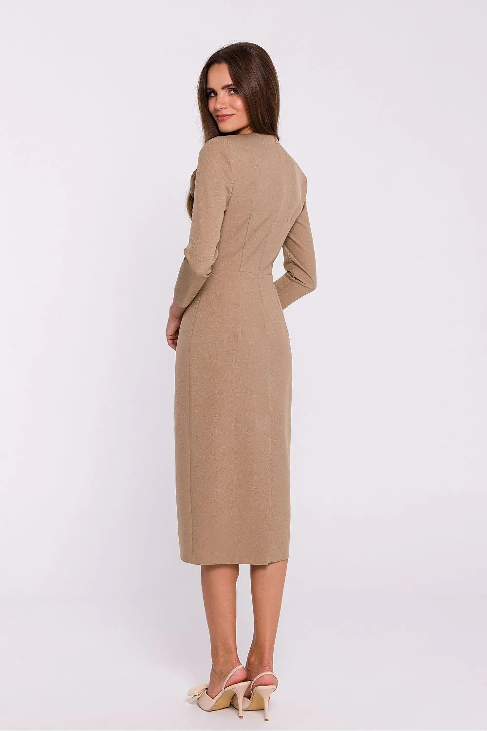Robe de jour Stylove élégante coupe crayon manches trois-quarts décolleté V fleur épaule beige polyester elasthanne