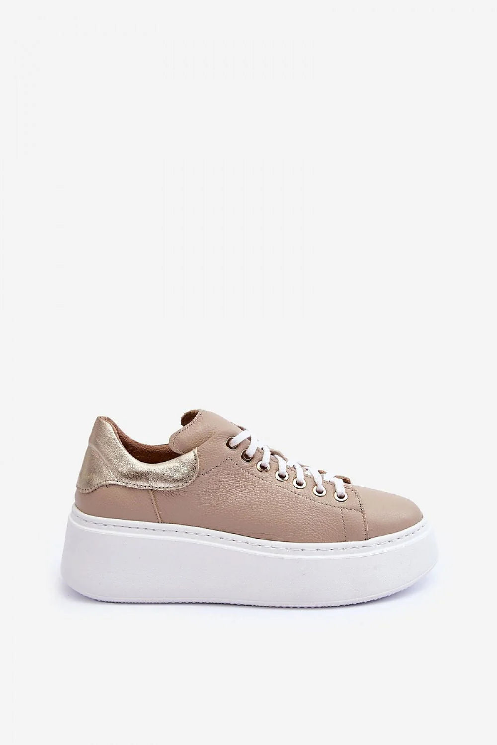 Chaussures de sport modernes en cuir synthétique beige, plateforme massive, lacets blancs, confort tout au long de la journée, style épuré pour femme