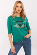 chemisier femme vert émeraude manches troisquarts encolure ronde jersey coton stretch doux respirant imprimé graphique cœur lettrage kind heart décontracté