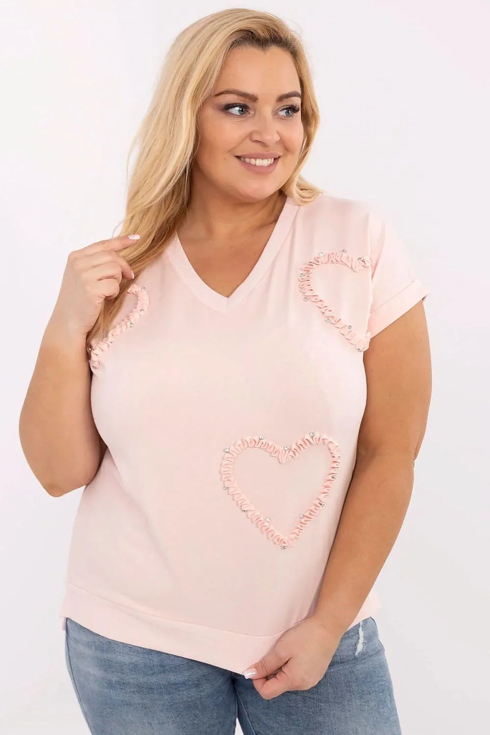 Chemisier pour femme grande taille style casual col V manches courtes motifs coeurs coton élasthanne couleur rose pâle