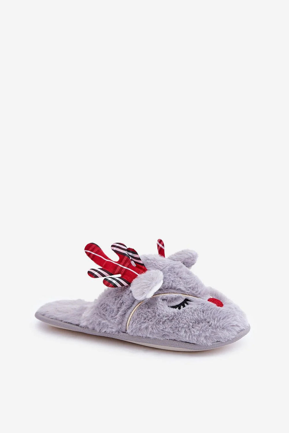 Pantoufles de Noël féminines en fourrure假 peluche style renne motif bois carreaux rouge blanc