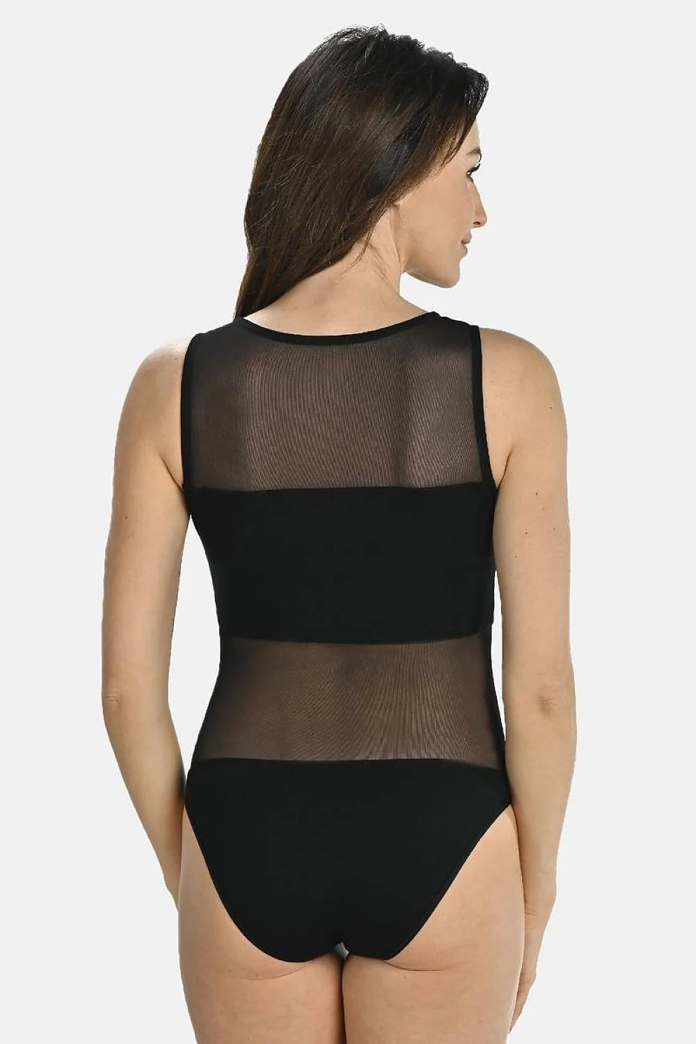 body femme noir sans manches col rond mesh transparent empiècements taille opaque poitrine maintien léger sculptant stretch microfibre ajusté