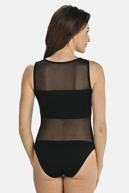 body femme noir sans manches col rond mesh transparent empiècements taille opaque poitrine maintien léger sculptant stretch microfibre ajusté