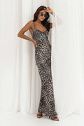 Robe de soirée élégante imprimé léopard longue bretelles spaghetti encolure V robe sirène sexy pour femme occasion spéciale été