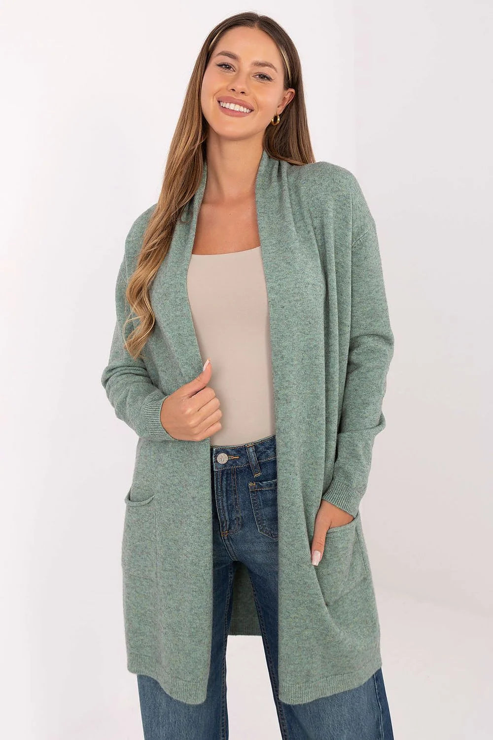 cardigan poncho femme ouvert col châle vert sauge maille douce légère viscose modal nylon manches longues poches plaquées